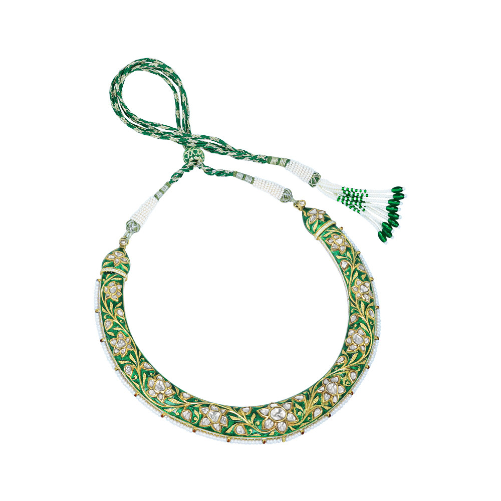 Green Enamel Hasli with Polki Diamonds and Pearl Accents
